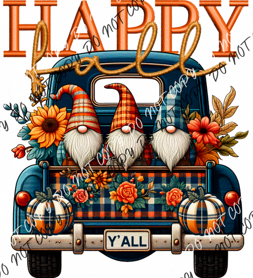 Happy Fall Y’all Gnome Trio Plaid Truck Faux Embroidery Dtf Transfer Rtp Transfers