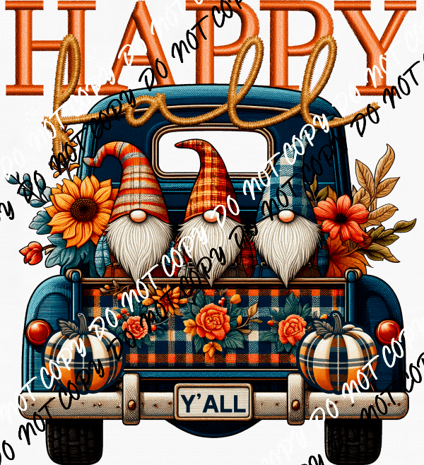 Happy Fall Y'all Gnome Trio Plaid Truck Faux Embroidery DTF Transfer - We Print U Press DTF Transfers