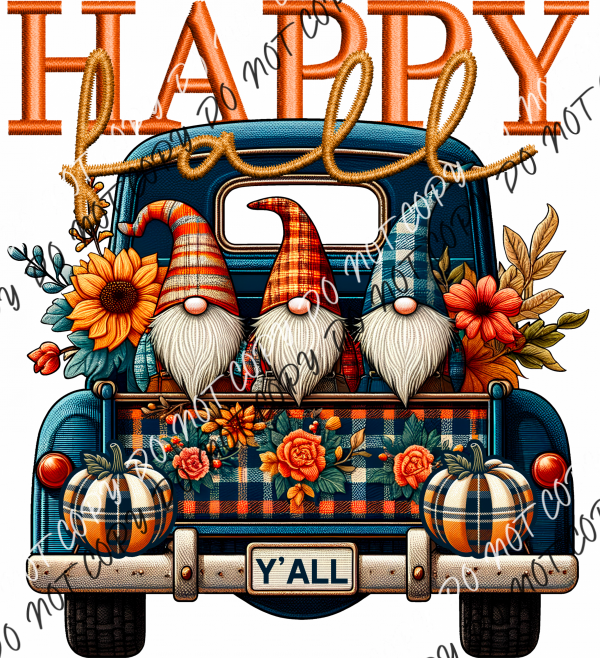 Happy Fall Y’all Gnome Trio Plaid Truck Faux Embroidery Dtf Transfer Rtp Transfers