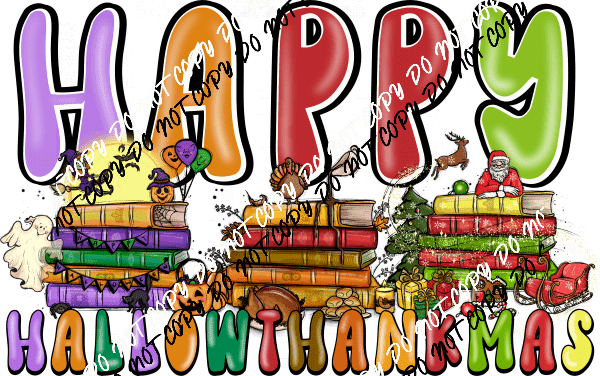 Happy Hallowthankmas Book Stacks DTF Transfer - We Print U Press DTF Transfers