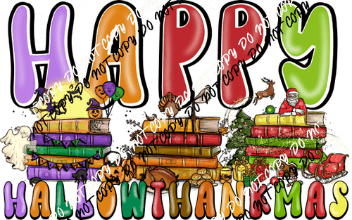 Happy Hallowthankmas Book Stacks DTF Transfer - We Print U Press DTF Transfers