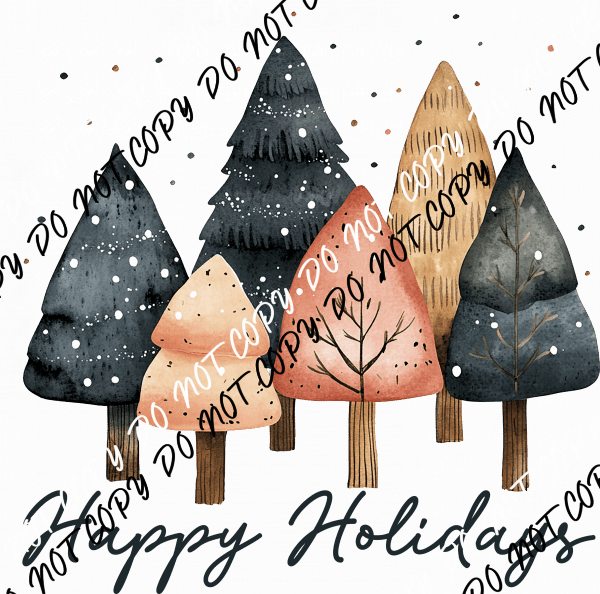 Happy Holidays Watercolor Trees DTF Transfer - We Print U Press DTF Transfers