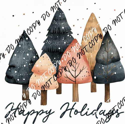 Happy Holidays Watercolor Trees DTF Transfer - We Print U Press DTF Transfers
