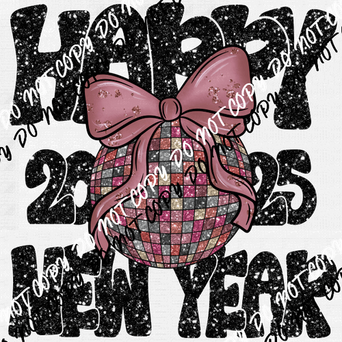 Happy New Year 2025 Black Faux Glitter DTF Transfer - We Print U Press DTF Transfers