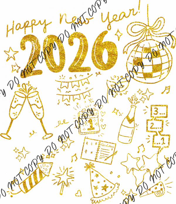 Happy New Year 2026 Doodle Gold Glitter DTF Transfer RTP DTF Transfers
