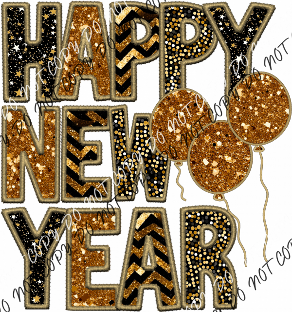 Happy New Year Balloons Faux Sequin Glitter And Embroidery Dtf Transfer Rtp Transfers