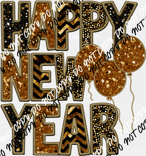 Happy New Year Balloons Faux Sequin Glitter and Embroidery DTF Transfer - We Print U Press DTF Transfers