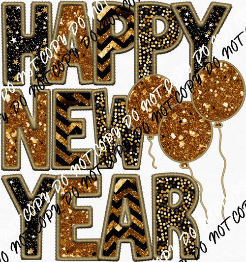 Happy New Year Balloons Faux Sequin Glitter and Embroidery DTF Transfer - We Print U Press DTF Transfers