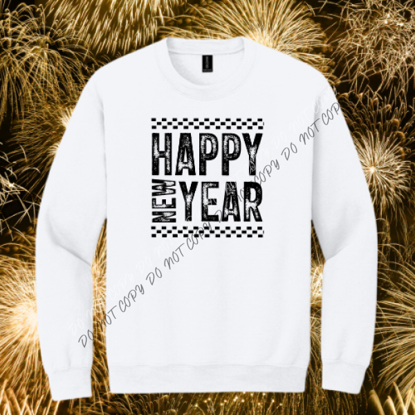 Happy New Year Checkered T-Shirt Collection S / White Boutique Fashion