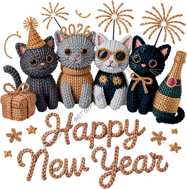 Happy New Year Crochet Cats DTF Transfer RTP DTF Transfers