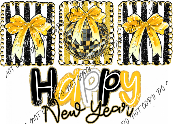Happy New Year Disco Bow Doodle Frames DTF Transfer RTP DTF Transfers