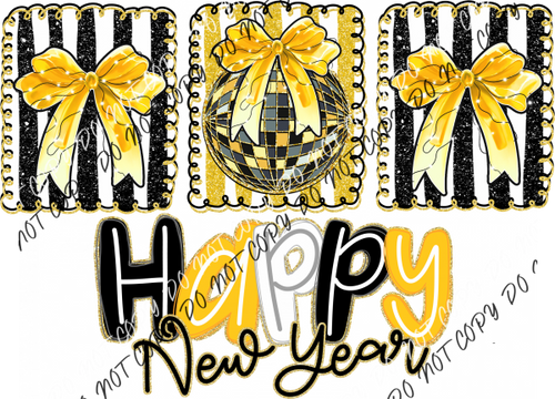 Happy New Year Disco Bow Doodle Frames DTF Transfer RTP DTF Transfers