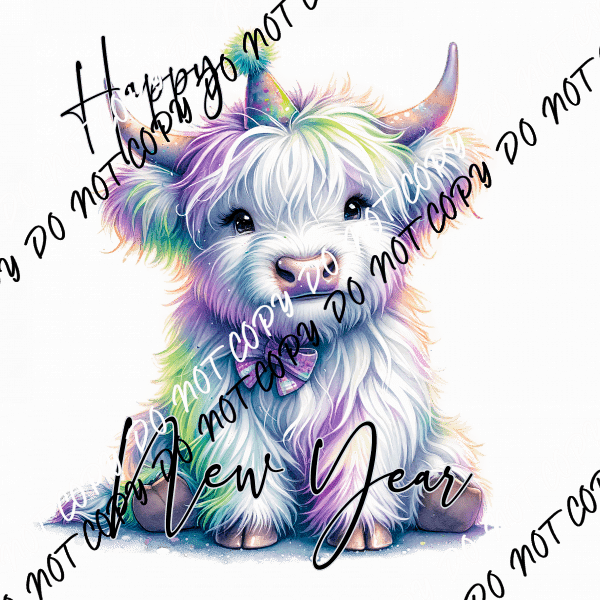 Happy New Year Highland Cow DTF Transfer - We Print U Press DTF Transfers