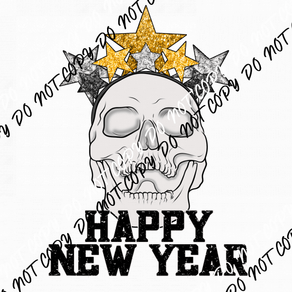 Happy New Year Skeleton faux glitter DTF Transfer - We Print U Press DTF Transfers