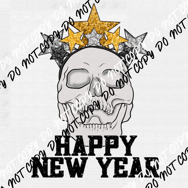 Happy New Year Skeleton faux glitter DTF Transfer - We Print U Press DTF Transfers