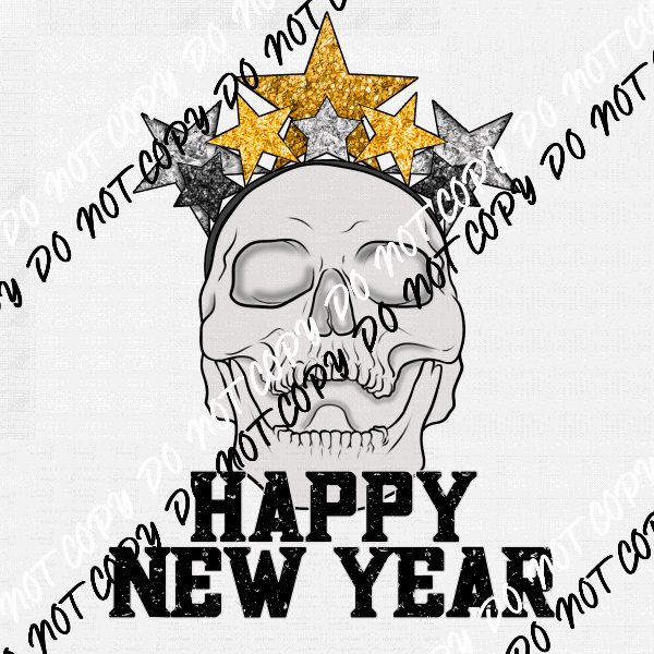 Happy New Year Skeleton faux glitter DTF Transfer - We Print U Press DTF Transfers