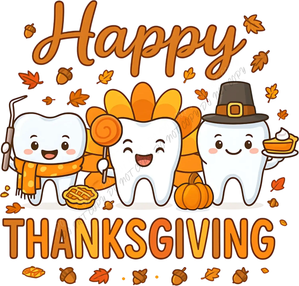 Three cartoon teeth characters in Thanksgiving attire with pumpkins and fall leaves, ready to press dtf transfer
