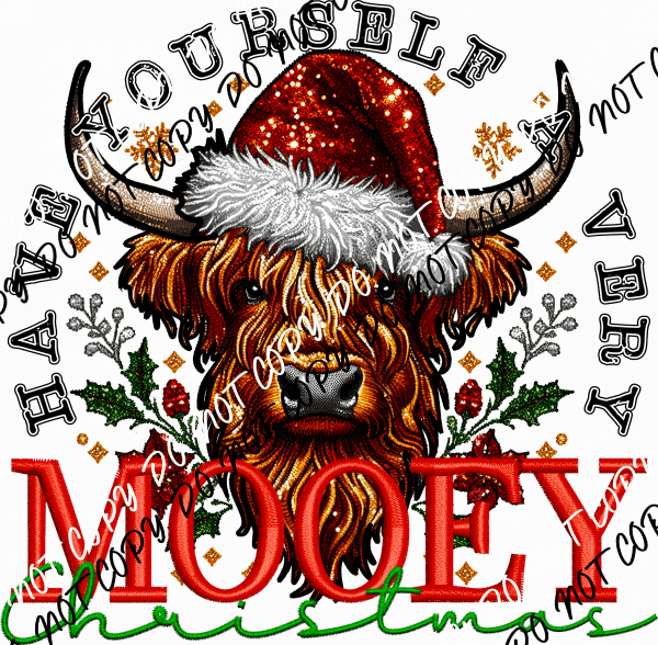 Have Yourself a Very Mooey Christmas - Highland Cow DTF Transfer - We Print U Press DTF Transfers