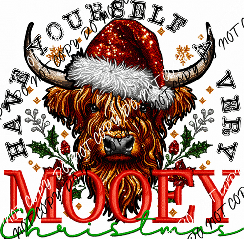 Have Yourself a Very Mooey Christmas - Highland Cow DTF Transfer - We Print U Press DTF Transfers