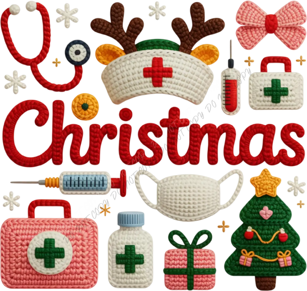 Colorful healthcare Christmas icons including stethoscope, syringe, medical bag, and Christmas tree ready to press dtf transfer