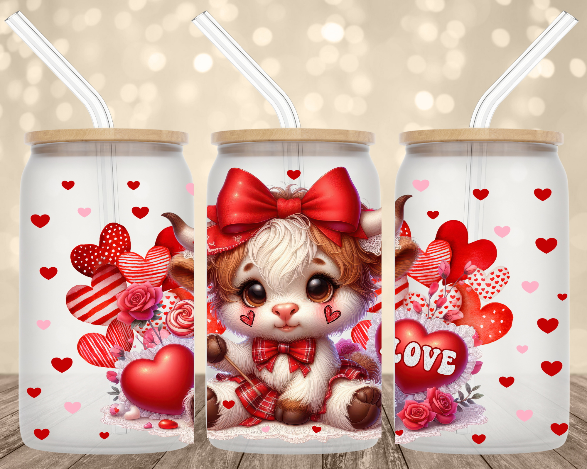 Sweetheart Highland Cow 16 oz Glass Can Cup Wrap UV Transfer