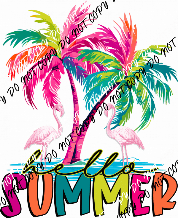 Hello Summer Palm Tree Flamingos DTF Transfer - We Print U Press DTF Transfers