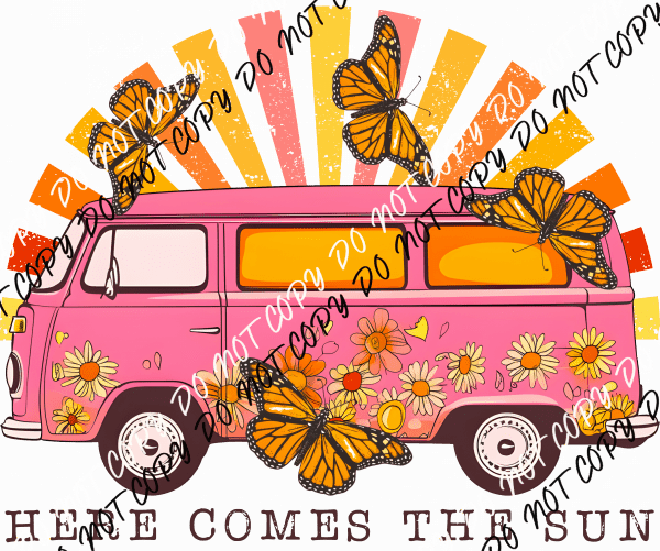 Here Comes the Sun Pink Van and Butterflies DTF Transfer - We Print U Press DTF Transfers