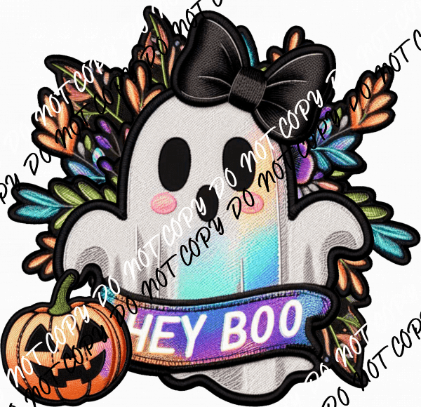 Hey Boo Ghost with Pumpkin Faux Patch DTF Transfer - We Print U Press DTF Transfers