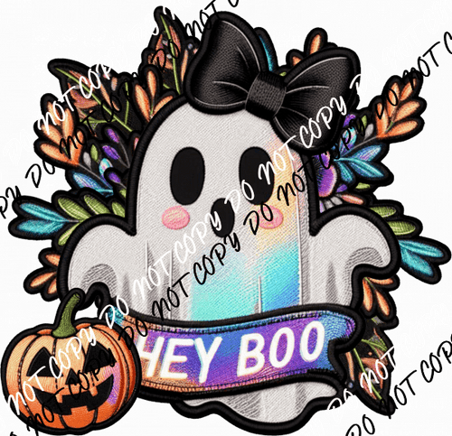 Hey Boo Ghost with Pumpkin Faux Patch DTF Transfer - We Print U Press DTF Transfers