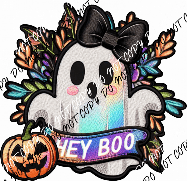 Hey Boo Ghost with Pumpkin Faux Patch DTF Transfer - We Print U Press DTF Transfers