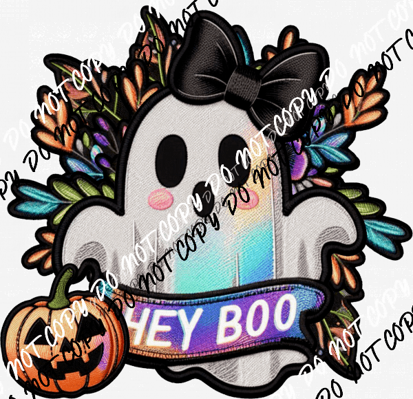 Hey Boo Ghost with Pumpkin Faux Patch DTF Transfer - We Print U Press DTF Transfers
