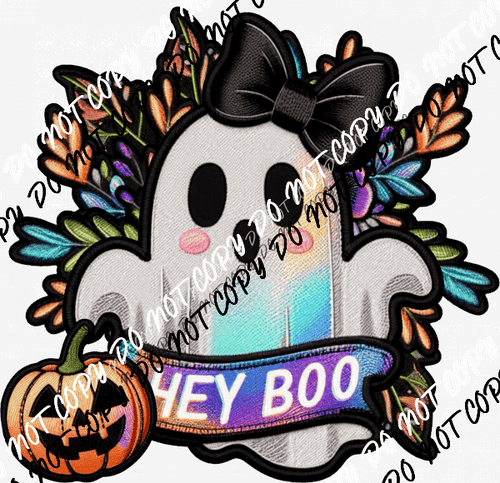Hey Boo Ghost with Pumpkin Faux Patch DTF Transfer - We Print U Press DTF Transfers