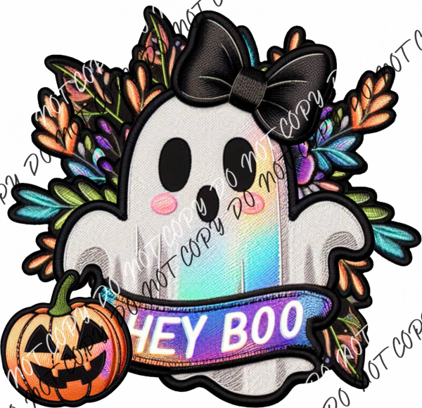 Hey Boo Ghost With Pumpkin Faux Patch Dtf Transfer Rtp Transfers