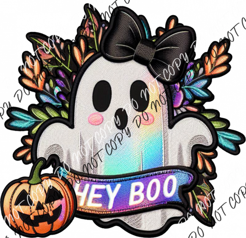 Hey Boo Ghost With Pumpkin Faux Patch Dtf Transfer Rtp Transfers