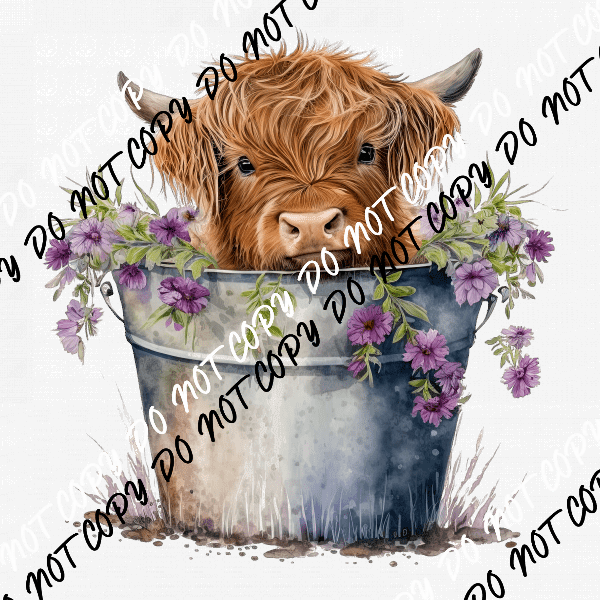 Highland Cow Calf in Bucket with Flowers Watercolor DTF Transfer - We Print U Press DTF Transfers