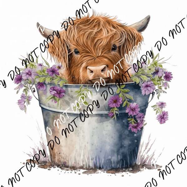 Highland Cow Calf in Bucket with Flowers Watercolor DTF Transfer - We Print U Press DTF Transfers