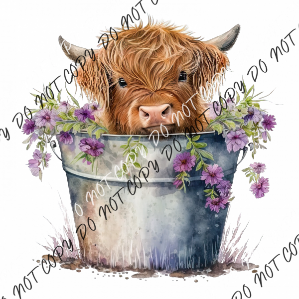 Highland Cow Calf In Bucket With Flowers Watercolor Dtf Transfer