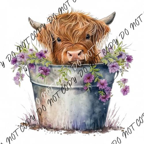 Highland Cow Calf In Bucket With Flowers Watercolor Dtf Transfer