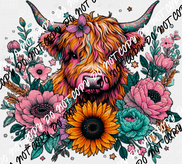 Highland Cow Floral Faux Glitter DTF Transfer - We Print U Press DTF Transfers