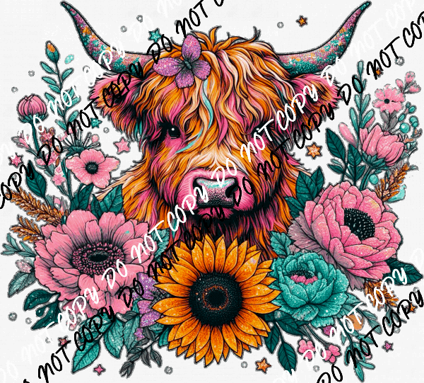 Highland Cow Floral Faux Glitter DTF Transfer - We Print U Press DTF Transfers