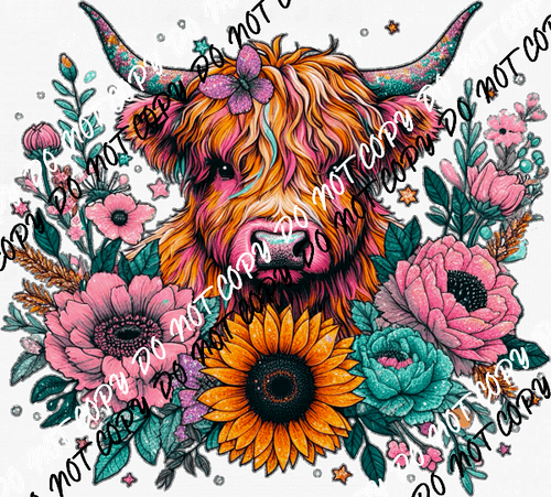 Highland Cow Floral Faux Glitter DTF Transfer - We Print U Press DTF Transfers