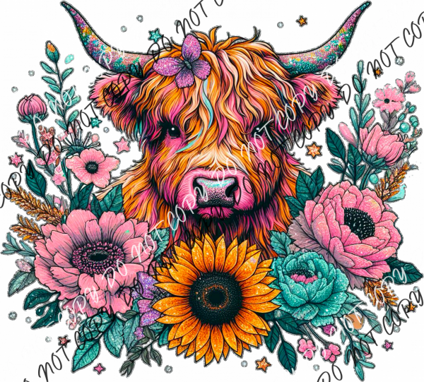 Highland Cow Floral Faux Glitter Dtf Transfer Rtp Transfers