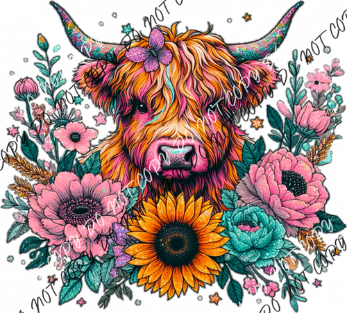 Highland Cow Floral Faux Glitter Dtf Transfer Rtp Transfers