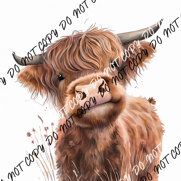 Highland Cow Simple with Flowers DTF Transfer - We Print U Press DTF Transfers