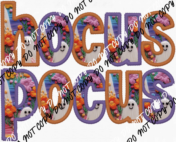 Hocus Pocus Cute Ghost orange and purple text faux embroidery DTF Transfer - We Print U Press DTF Transfers