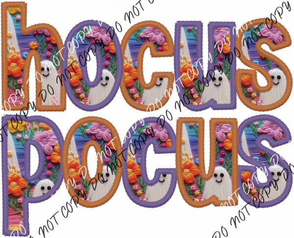 Hocus Pocus Cute Ghost Orange And Purple Text Faux Embroidery Dtf Transfer Rtp Transfers