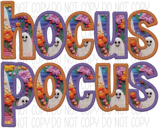 Hocus Pocus Cute Ghost Orange And Purple Text Faux Embroidery Dtf Transfer Rtp Transfers