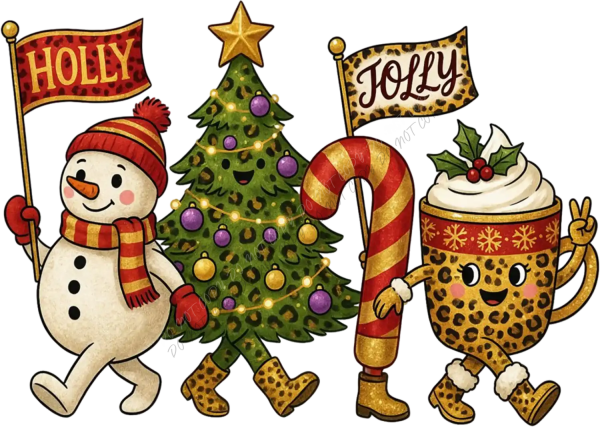 Four whimsical Christmas characters including snowman holding holly flag, decorated tree, candy cane, and cocoa cup ready to press dtf transfer