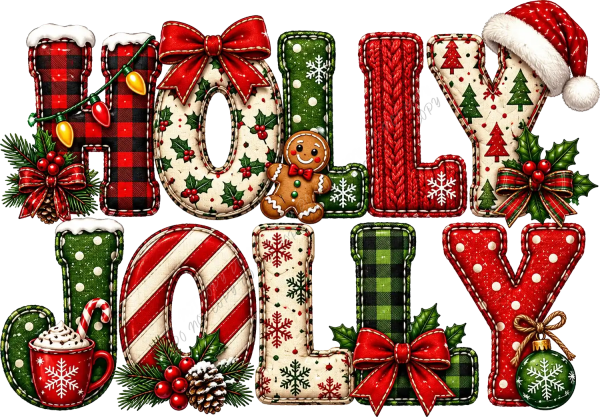 Holly Jolly Christmas text with festive patterns, ready to press dtf transfer design with holiday colors and textures