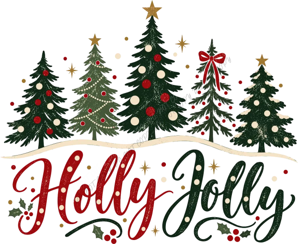 Holly Jolly Christmas Trees design with five decorated evergreens, ready to press DTF transfer with red and cream ornaments